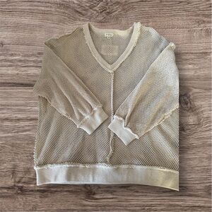 POL Women's Cream V-Neck Mesh Sweater